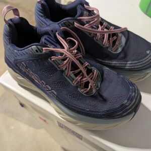 Hoka Women's Navy Blue Athletic Shoes with Pink Laces